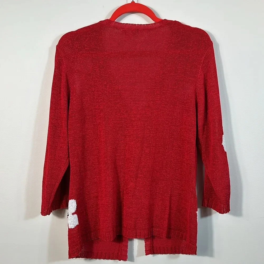 Portraits Northern Isles Red White Flower Knit Cardigan 3/4 Sleeve Women Medium
